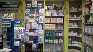 Display at a pharmacy in Paris.