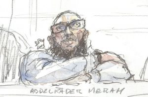 This file photo taken on March 25, 2019 shows a court sketch made at the Paris courthouse of Abdelkader Merah, the older brother and mentor of 2012 French shooter Mohamed Merah, during his appeal trial. - The Assise courthouse of Paris will rendered its verdict on April 18, 2019. Abdelkader Merah, accused of knowingly facilitating his brother Mohamed