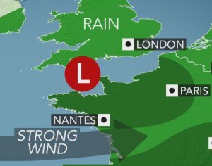 Tempête puissante apportant la pluie et le vent du Royaume-Uni vers la France et l'Allemagne en milieu de semaine
