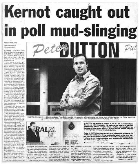Une coupure de presse montre un article intitulé "Kernot pris au dépourvu par un sondage" avec une photo de Peter Dutton